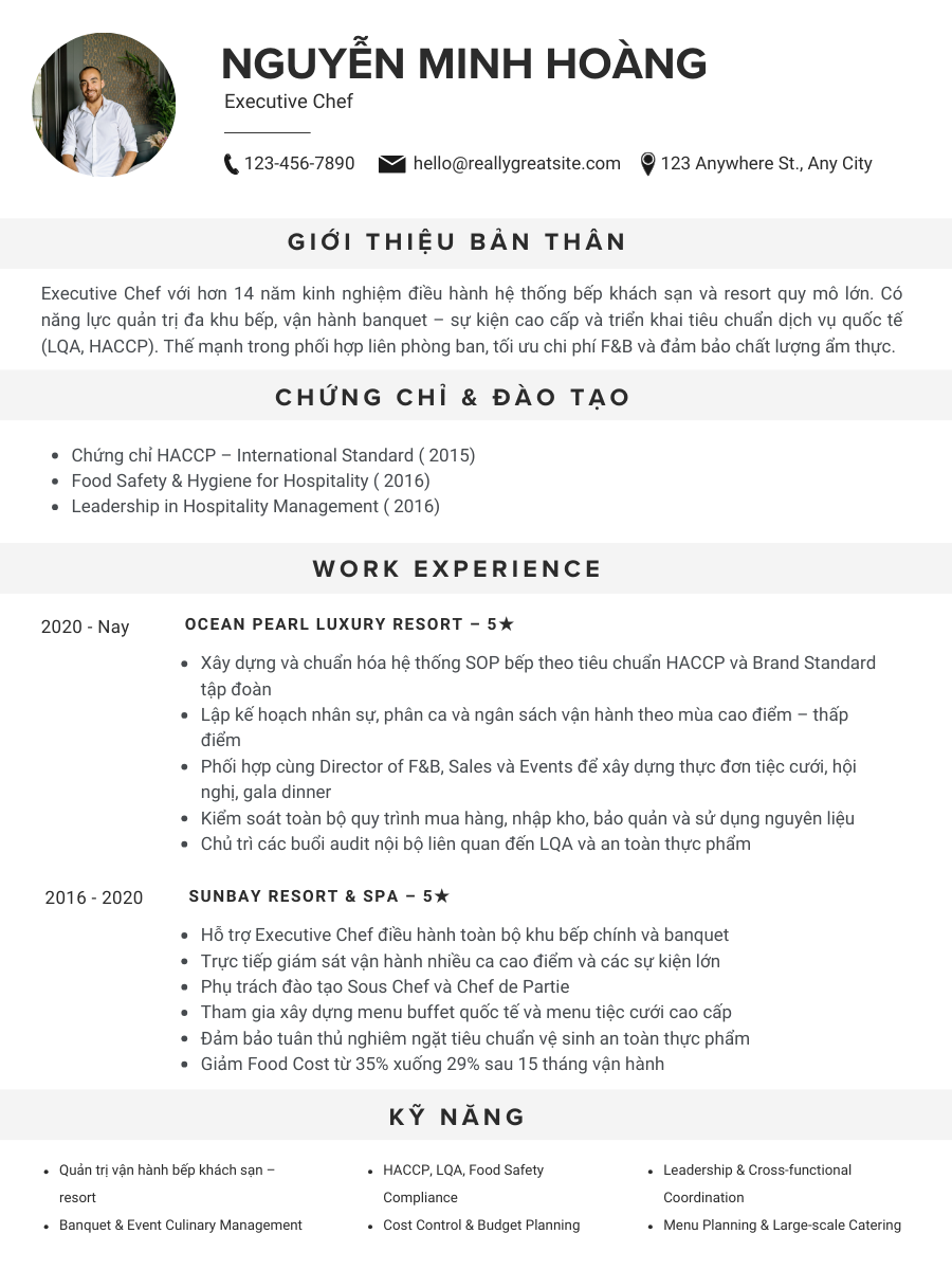 CV BEP TRUONG EXECUTIVE CHEF – KHACH SAN RESORT