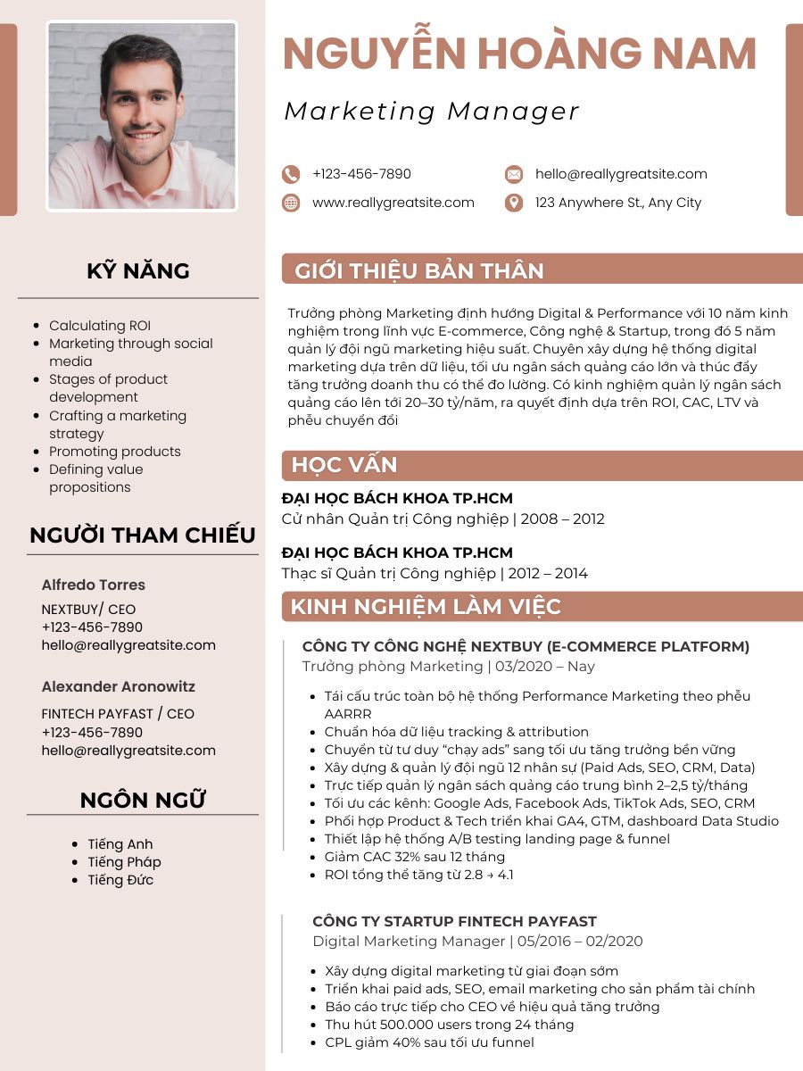 Mẫu CV Trưởng phòng Marketing theo định hướng tiếp thị kỹ thuật số hiệu suất