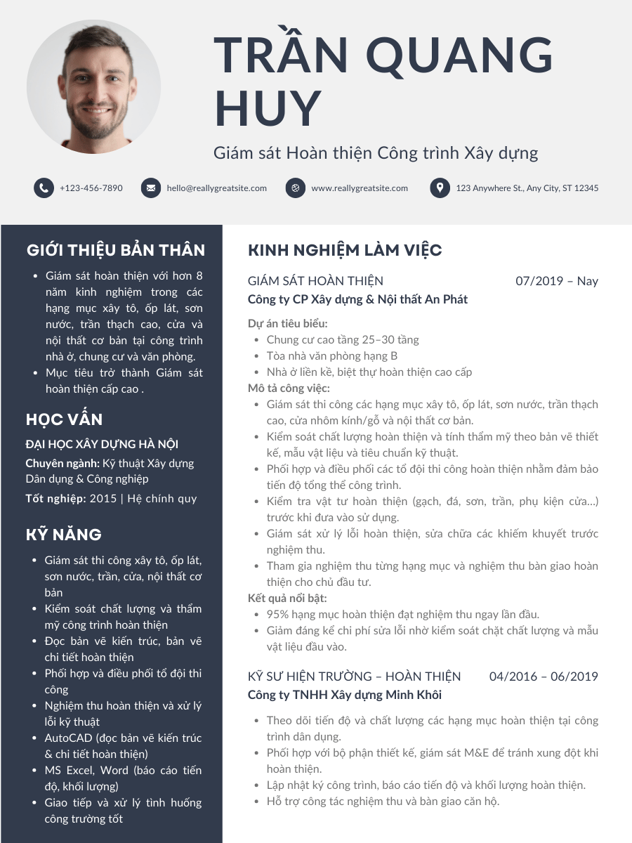 Mẫu CV xin việc giám sát xây dựng hoàn thiện