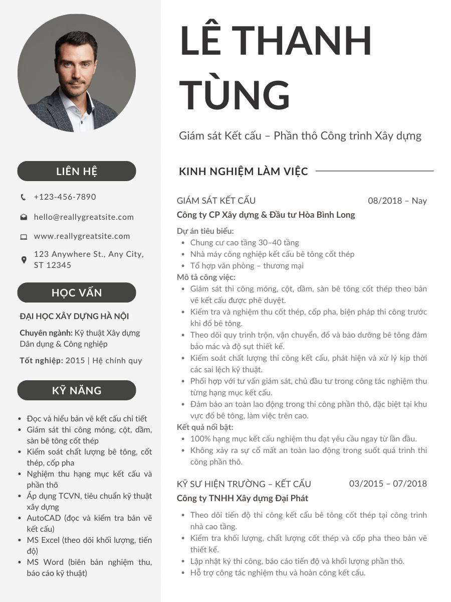 Mẫu CV xin việc giám sát xây dựng phần kết cấu