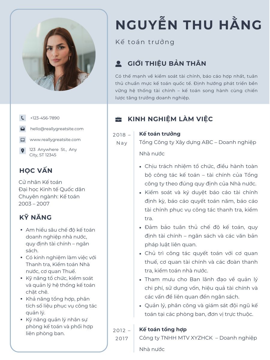 Mẫu CV kế toán trưởng truyền thống (Dành cho doanh nghiệp nhà nước)