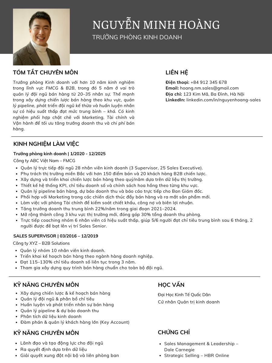 Mẫu CV cho vị trí trưởng phòng trở lên cho vị trí kinh doanh (sales manager)