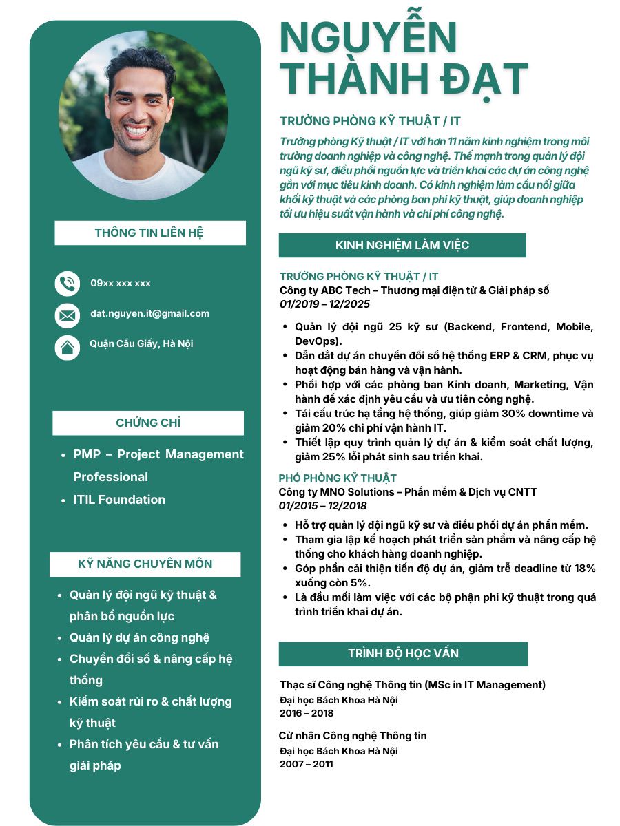 Mẫu CV trưởng phòng kỹ thuậtIT