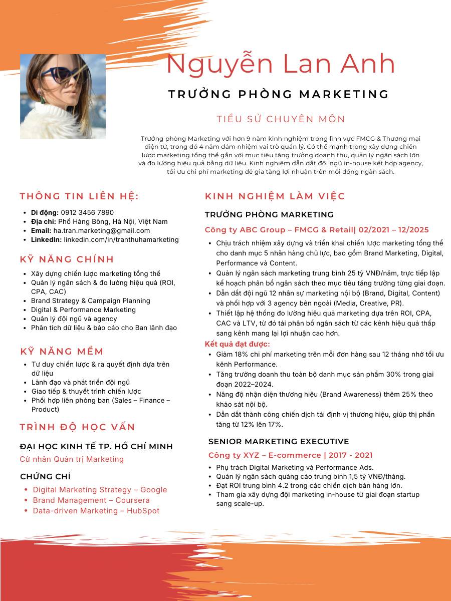 Mẫu CV trưởng phòng marketing
