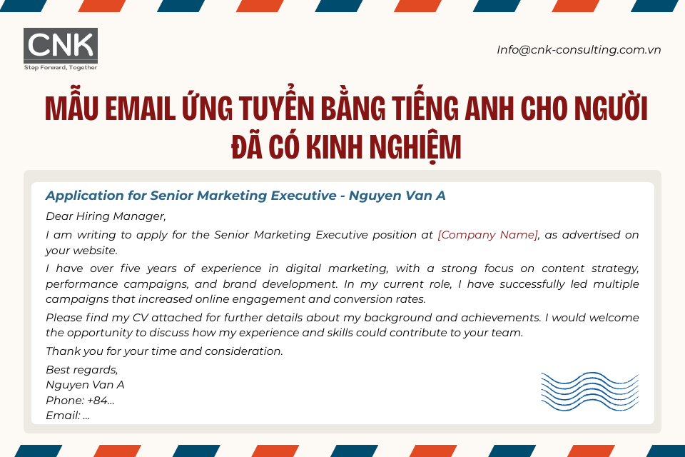 Mẫu email ứng tuyển bằng tiếng Anh cho người đã có kinh nghiệm