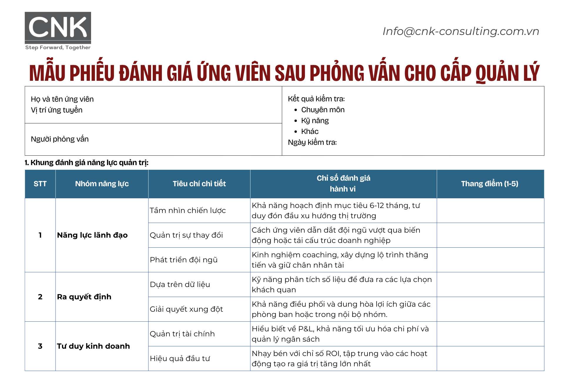 Mẫu phiếu đánh giá ứng viên sau phỏng vấn cho cấp quản lý