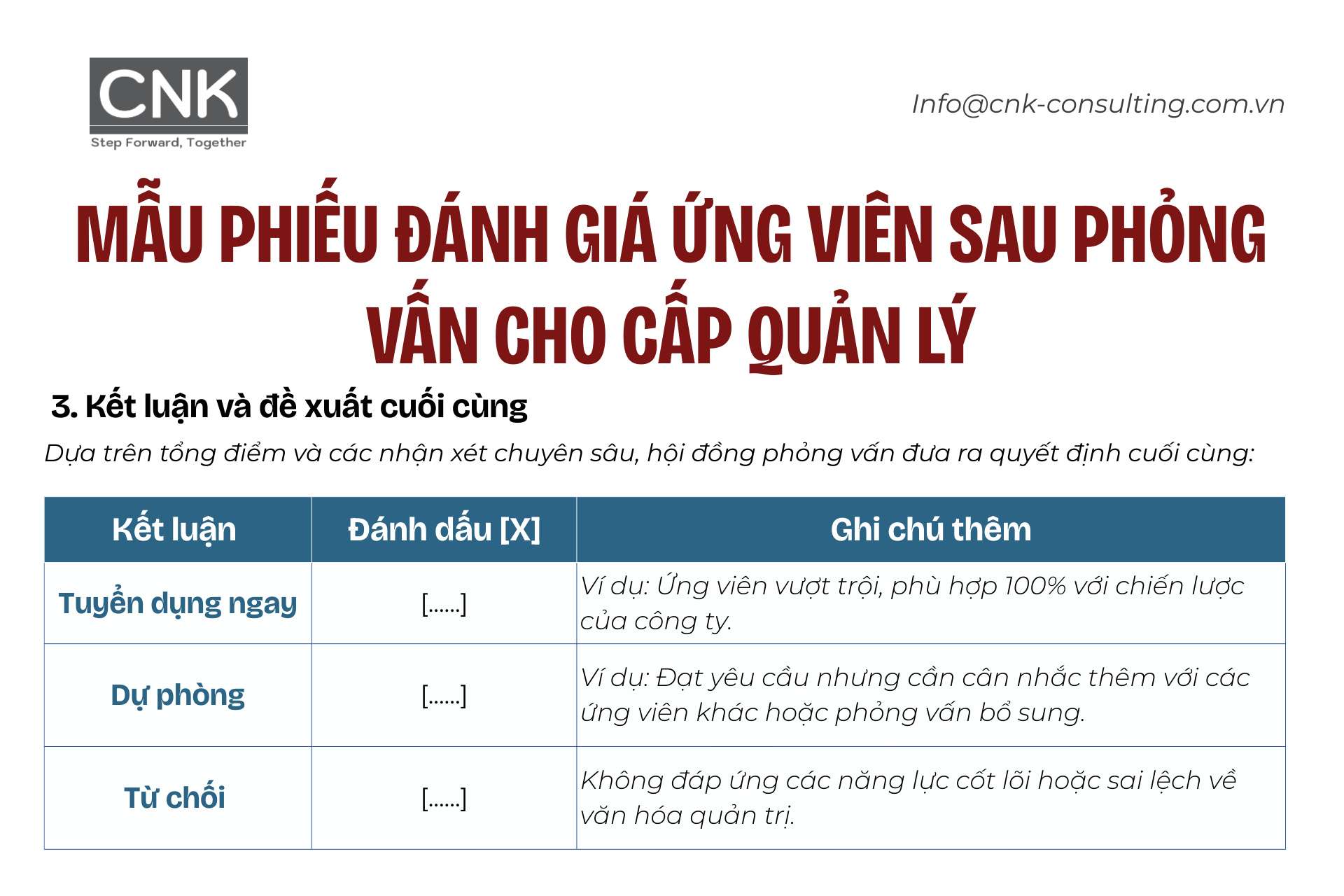 Mẫu phiếu đánh giá ứng viên sau phỏng vấn cho cấp quản lý - Kết luận và đề xuất cuối cùng