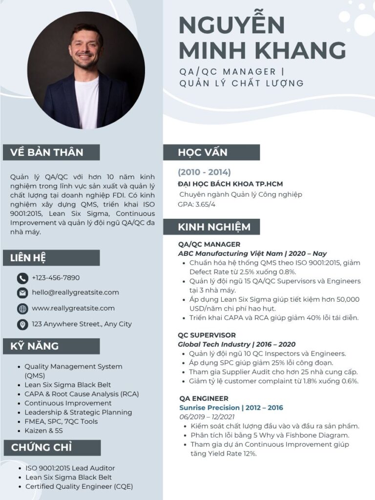 Mẫu CV QA/QC manager cho người có kinh nghiệm lâu năm
