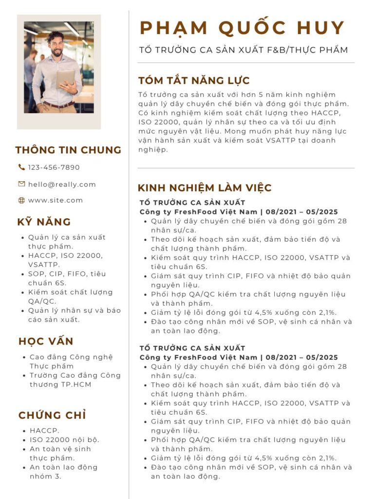 Mẫu CV tổ trưởng ca sản xuất ngành F&B/thực phẩm