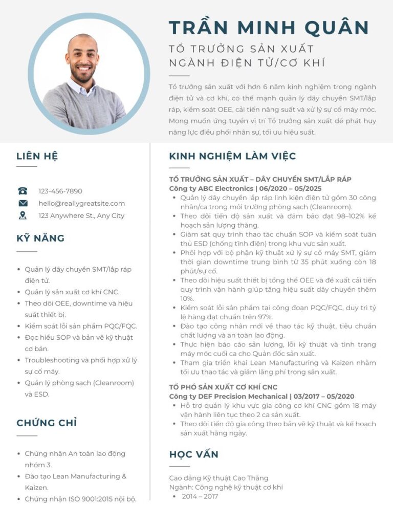 Mẫu CV tổ trưởng sản xuất ngành điện tử/cơ khí