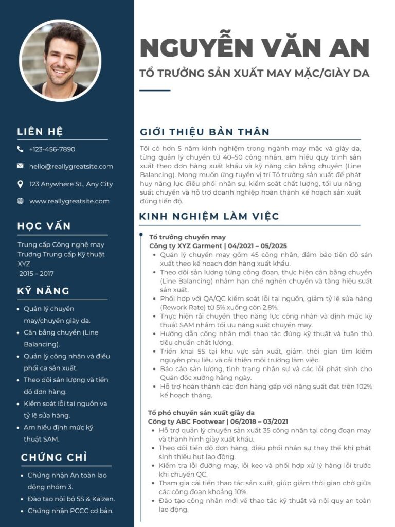 Mẫu CV tổ trưởng sản xuất xưởng may/giày da