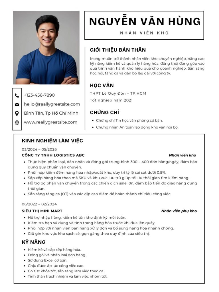 Mẫu cv nhân viên kho phổ thông