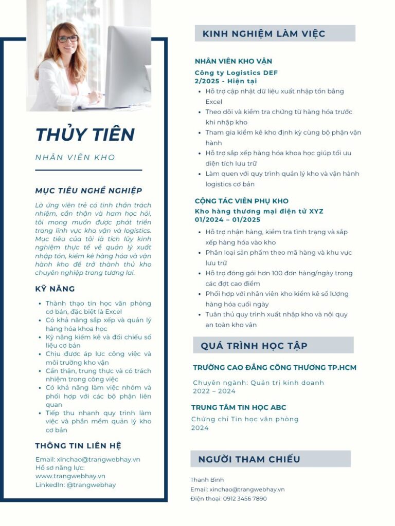Mẫu CV nhân viên kho/phụ kho đơn giản dành cho người mới bắt đầu