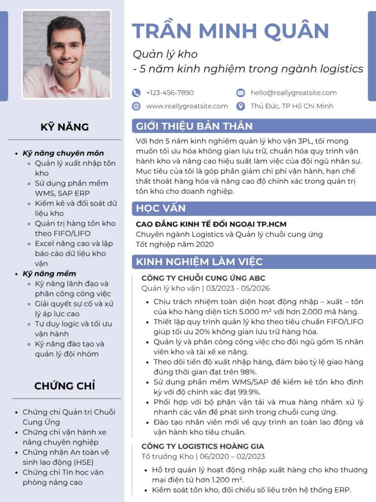 Mẫu CV kho ứng tuyển vị trí quản lý