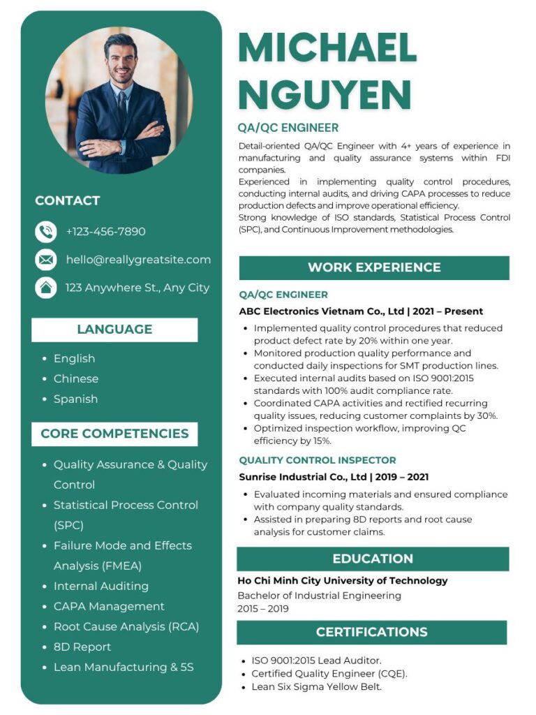 Mẫu CV nhân viên quản lý chất lượng bằng tiếng Anh (QA/QC Engineer CV)
