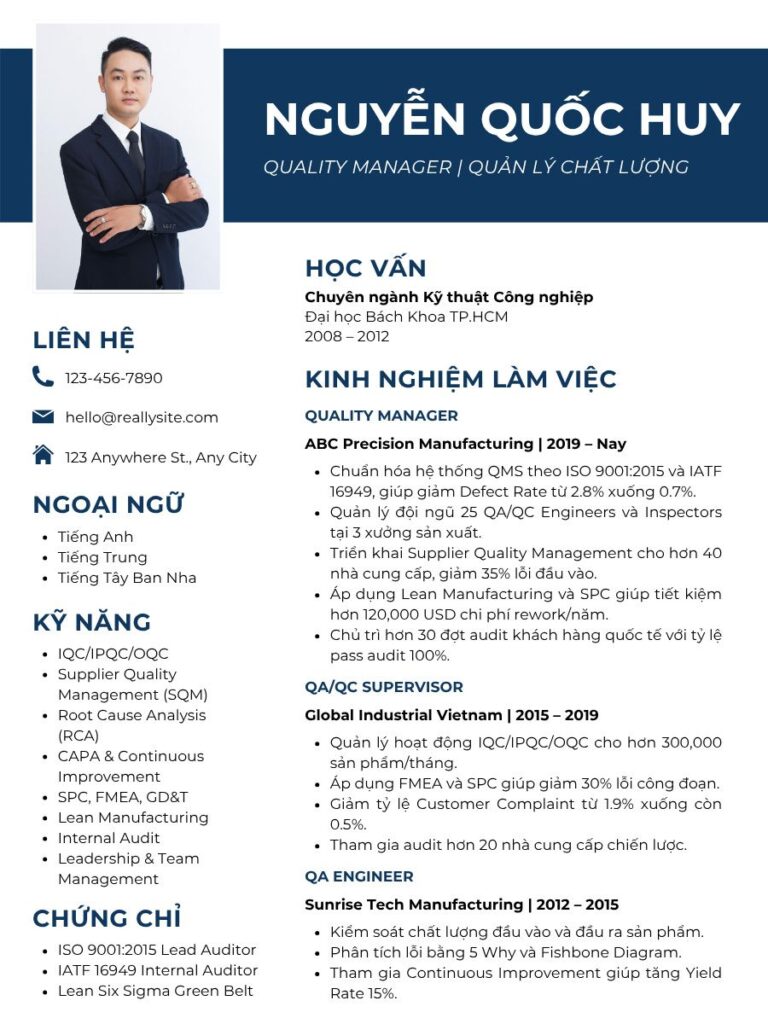 Mẫu CV quản lý chất lượng ngành sản xuất