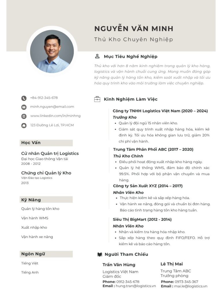 Mẫu CV thủ kho chuyên nghiệp cho người có kinh nghiệm