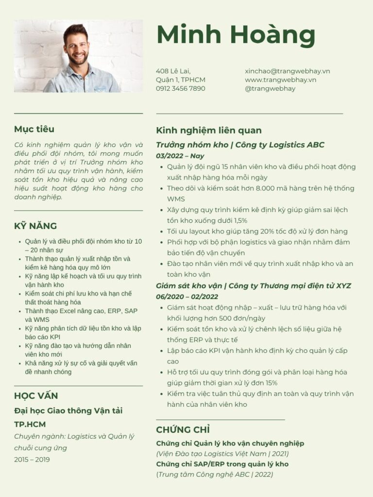 Mẫu CV trưởng nhóm kho chuẩn lộ trình thăng tiến
