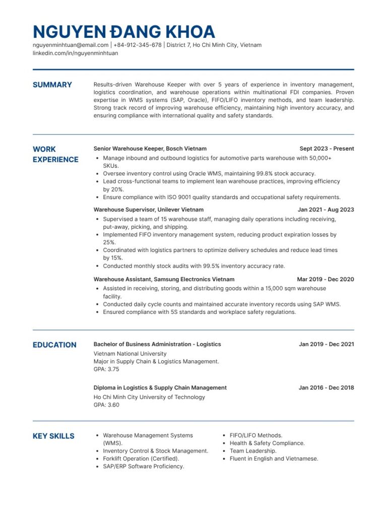 Mẫu CV xin việc thủ kho bằng tiếng Anh cho các doanh nghiệp FDI