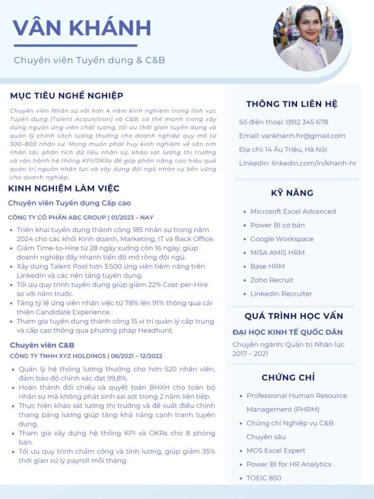 Mẫu CV Chuyên viên tuyển dụng/C&B (HR specialist) nhấn mạnh số liệu và hiệu suất