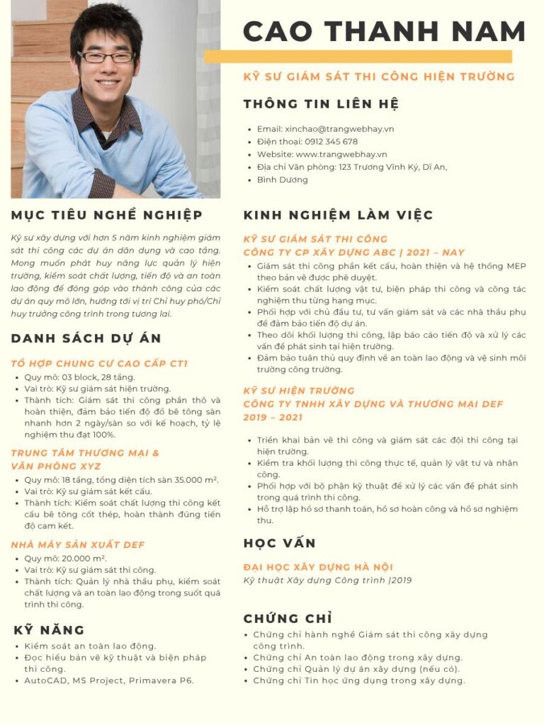 Mẫu CV Kỹ sư giám sát thi công (hiện trường)
