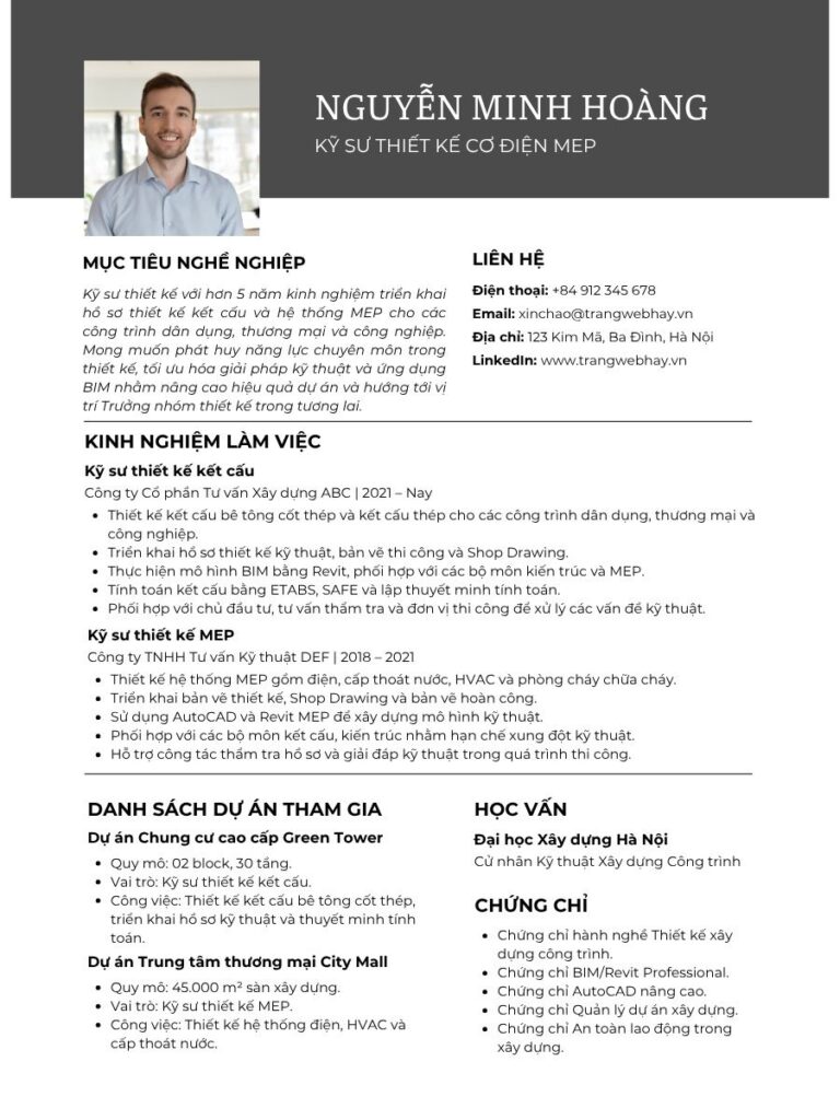 Mẫu CV Kỹ sư thiết kế bản vẽ (kết cấu/cơ điện MEP)