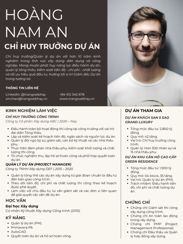Mẫu CV chỉ huy trưởng/quản lý dự án xây dựng