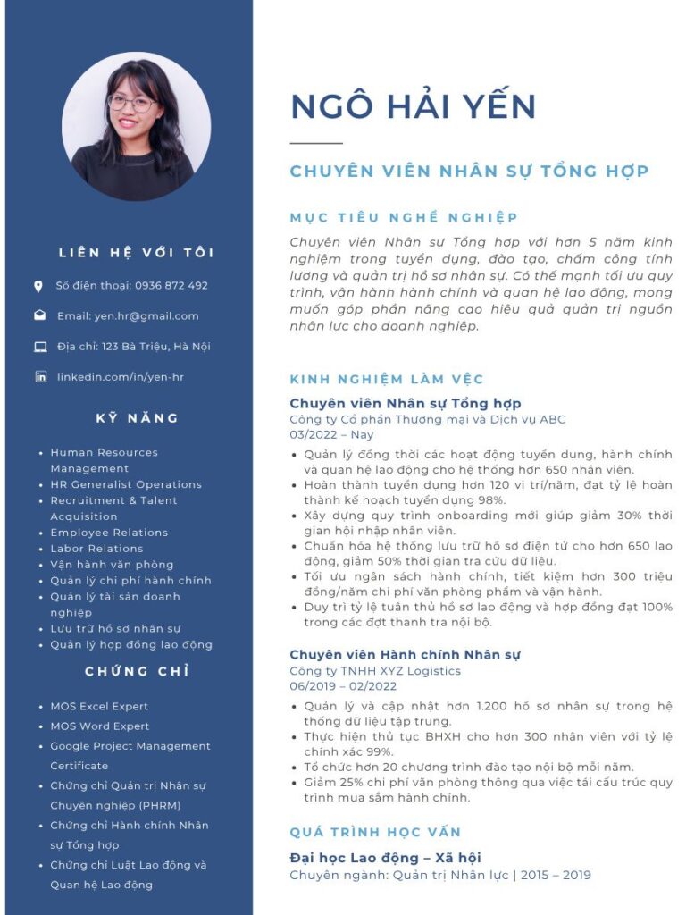 Mẫu CV chuyên viên nhân sự tổng hợp (HR generalist) bật lên kinh nghiệm đa nhiệm