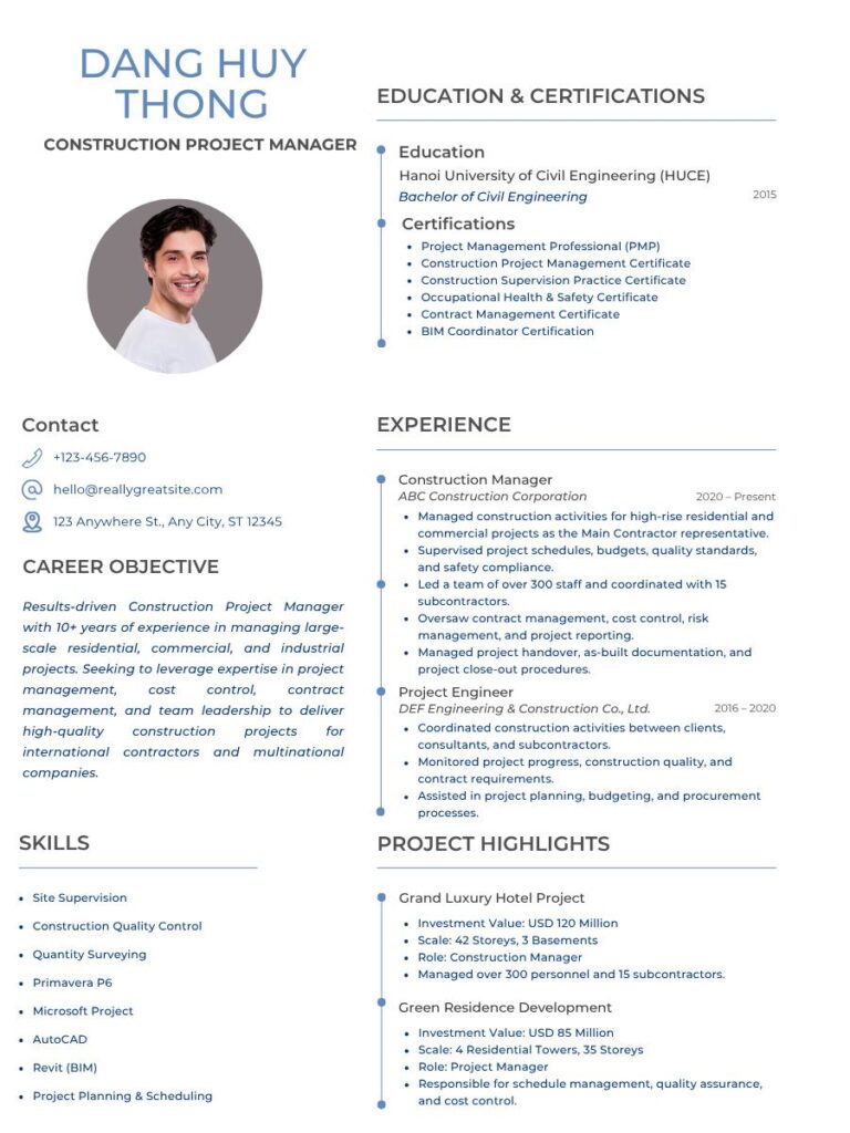 Mẫu CV ngành xây dựng bằng tiếng Anh cho các tập đoàn nước ngoài