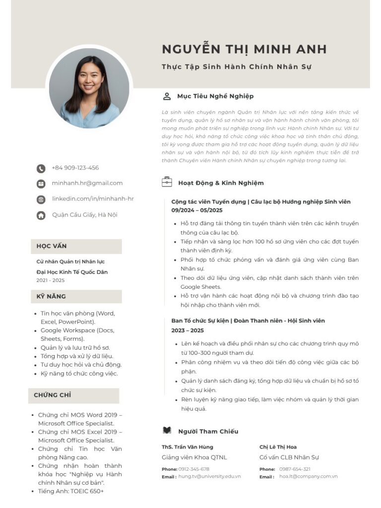 Mẫu CV thực tập sinh hành chính nhân sự (intern/fresher) tập trung vào tiềm năng