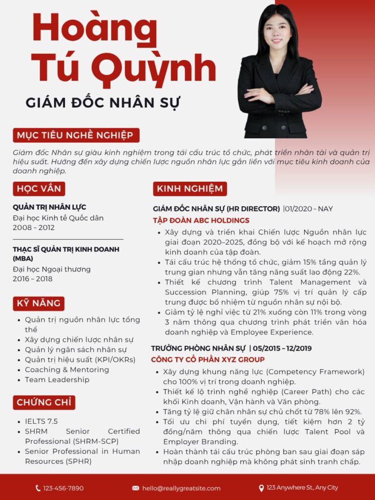 Mẫu CV trưởng phòng/giám đốc nhân sự (HR manager/director) khẳng định tầm nhìn chiến lược